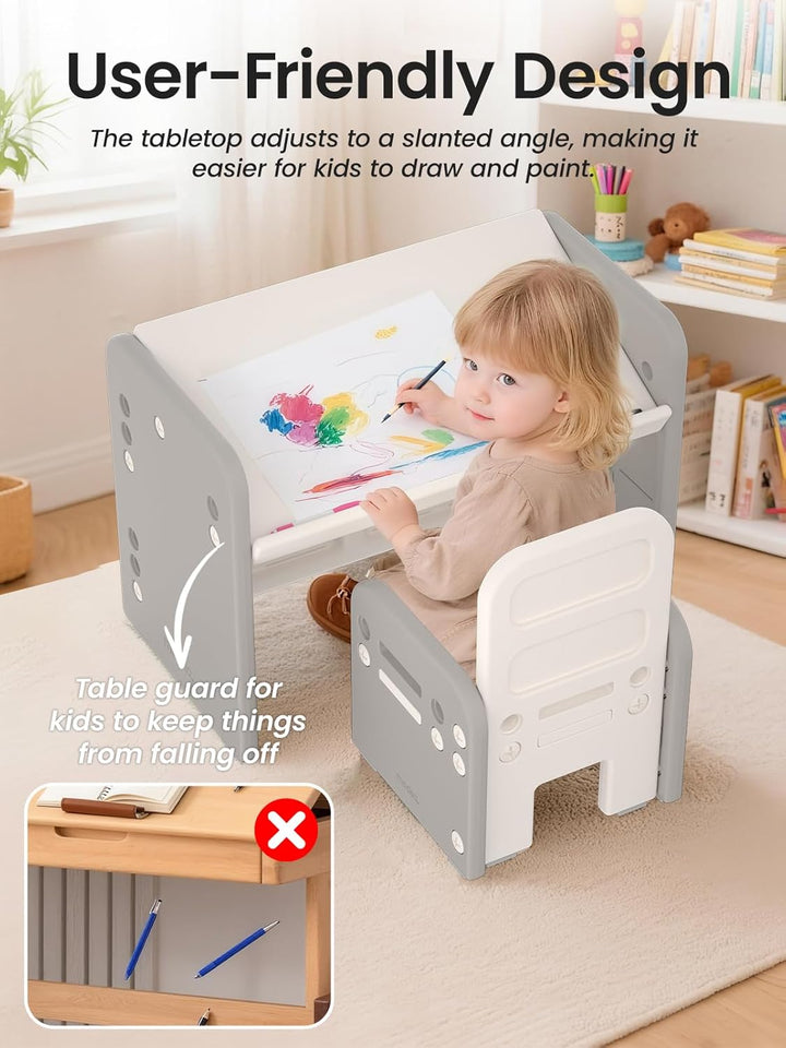 Kindertisch mit Stühle, Höhenverstellbarer Kinder Tisch Stuhl Set, Konvertierbarer Desktop，Multifunk