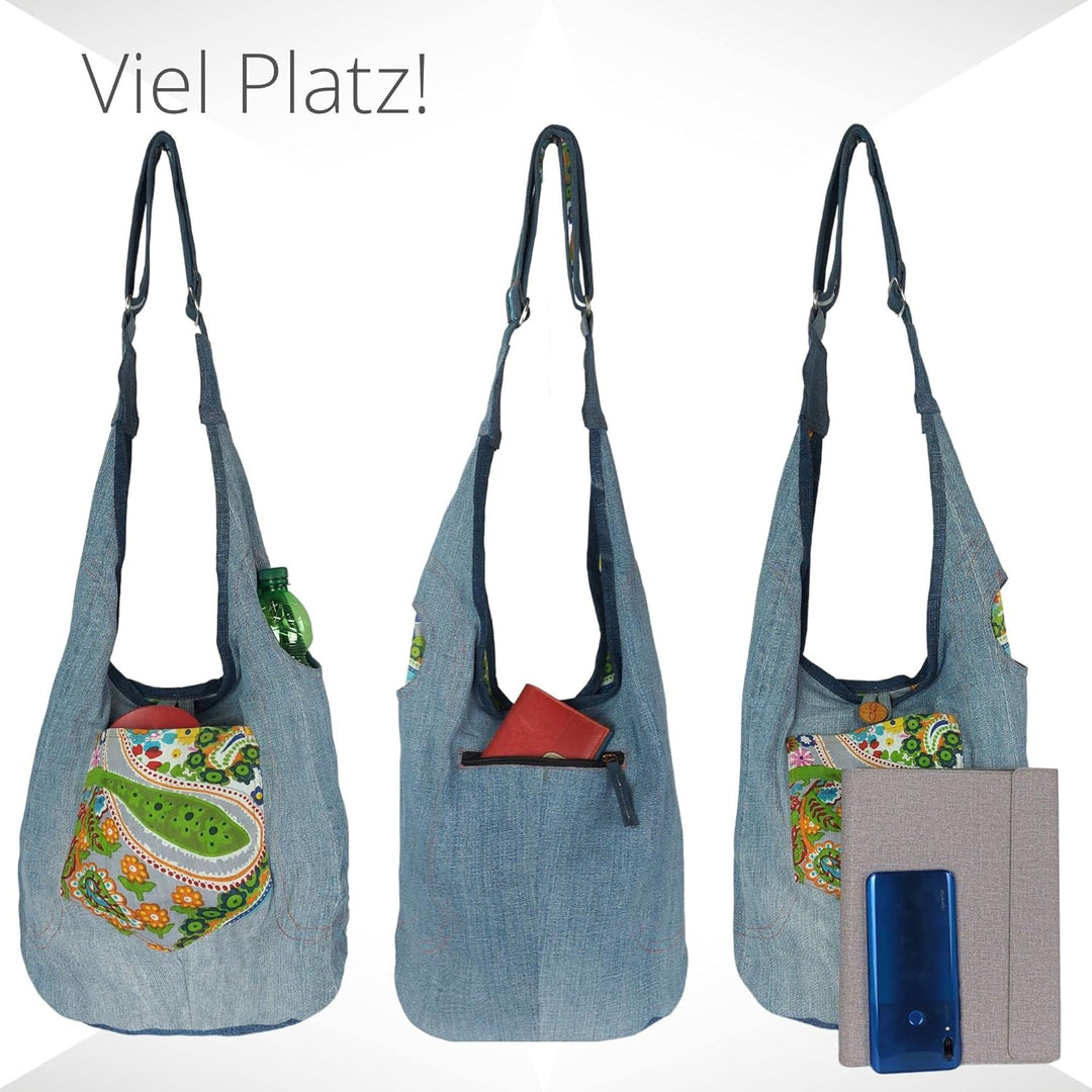 Sunsa Damen nachhaltig Hobo Tasche, Umhängetasche aus recycelte Jeans & Baumwolle. Boho Crossbody Ba