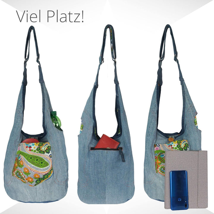 Sunsa Damen nachhaltig Hobo Tasche, Umhängetasche aus recycelte Jeans & Baumwolle. Boho Crossbody Ba