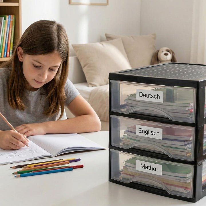 Hausfelder Schubladenbox A4 mit 6 Schubladen inkl. Aufkleber, Schubladenturm Box aus Kunststoff für