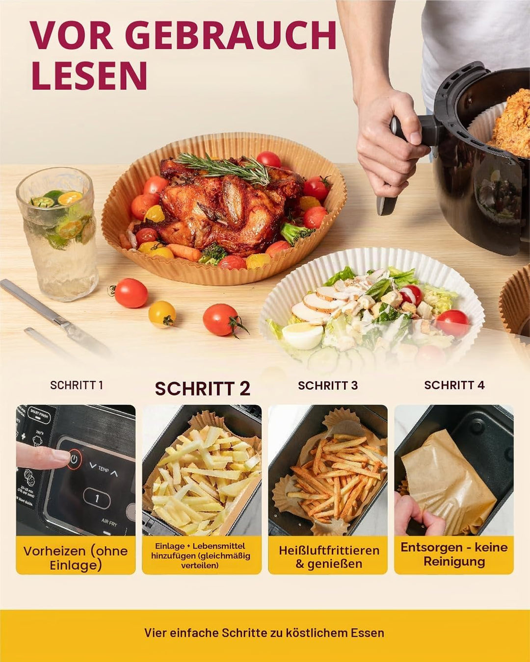 Katbite 220 Stück Backpapier für Heissluftfritteuse mit Doppelkammer, 20.5x14cm Airfryer Papier Line
