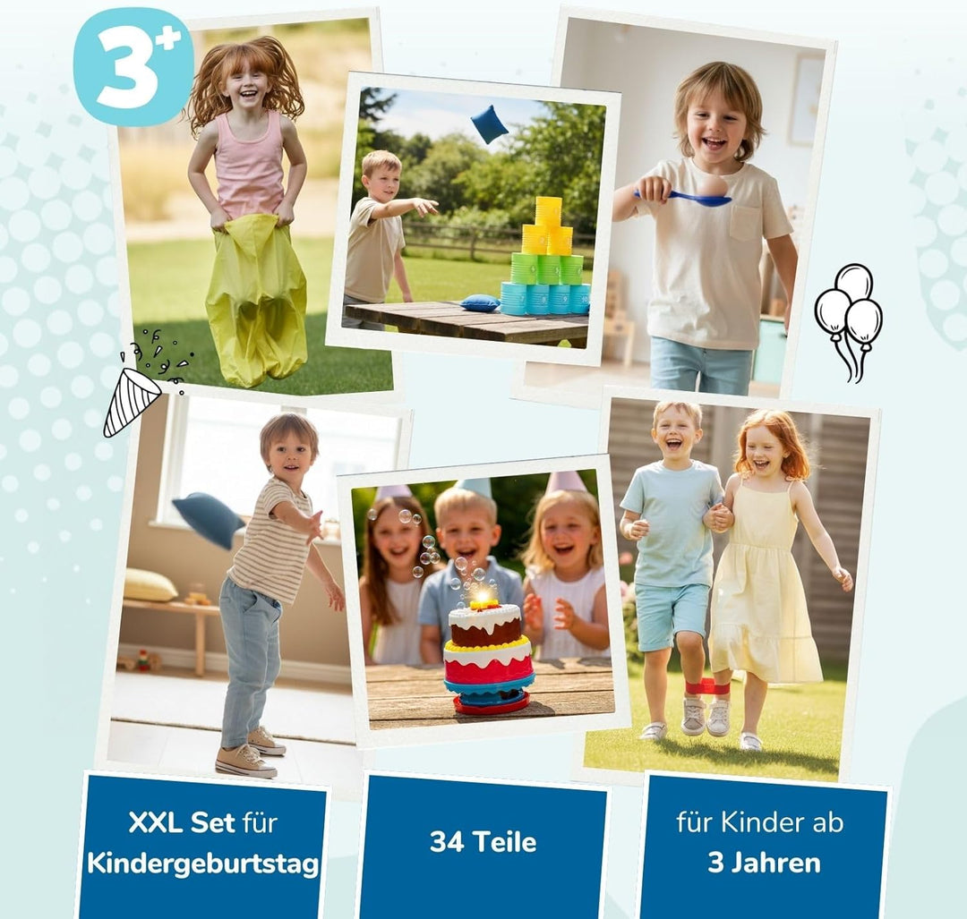 alldoro 68706 XXL Party Bundle 34-TLG, Dosenwerfen, 4 XL Partygames & magische Seifenblasentorte, fü