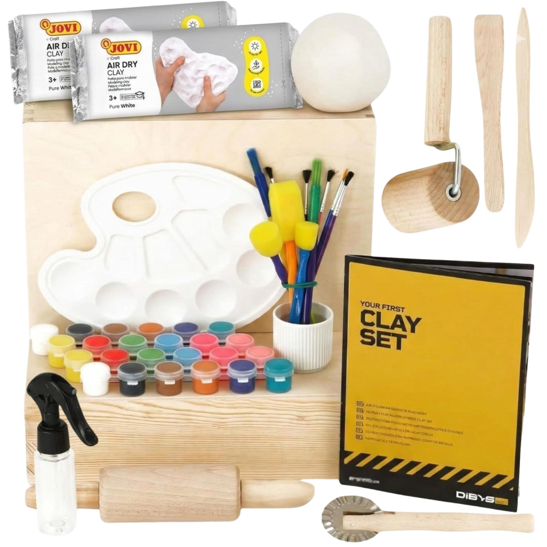 DIBYS Töpfer Set für Zuhause - 2x500 g Lufttrocknender Ton Weiss mit Töpferwerkzeug, 15 Farben & Pin