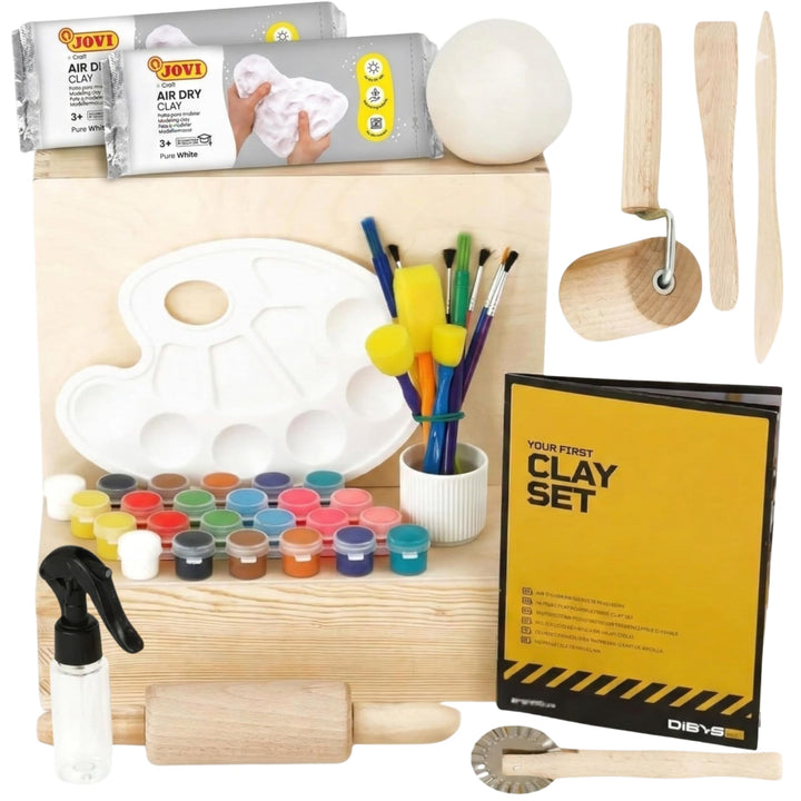 DIBYS Töpfer Set für Zuhause - 2x500 g Lufttrocknender Ton Weiss mit Töpferwerkzeug, 15 Farben & Pin