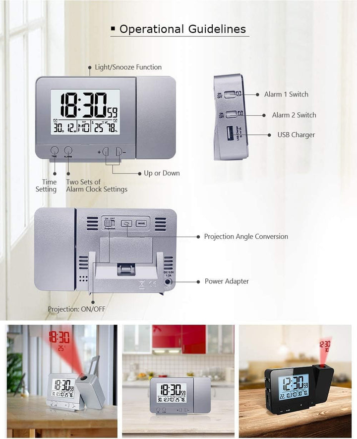 VORRINC Projektionswecker Digital Uhr mit USB Anschluss, Innentemperaturanzeige und Datumsanzeige, 4