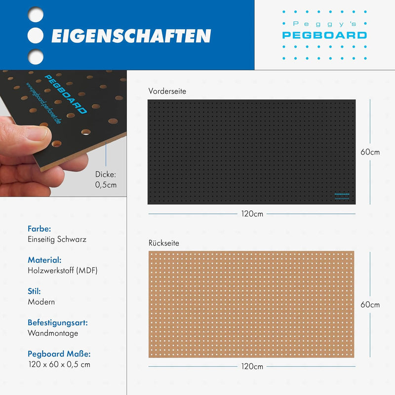 Pegboard 1 St. Werkzeugwand aus Holz (MDF) 120 x 60 x 0,5 cm - Lochung Ø7 mm Lochabstand 25,4 mm - s