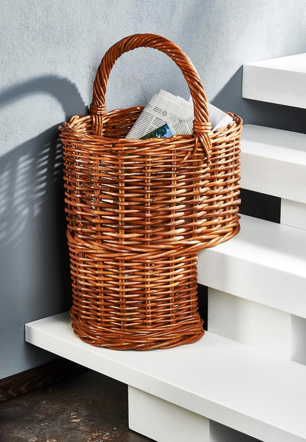 Kobolo Treppenkorb Korb Henkelkorb aus Rattan geflochten - lacak - mit Henkel Braun, Braun