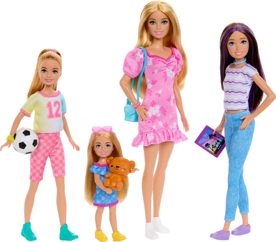 Barbie Schwesterpuppen-Set mit Kleidung und Zubehör, enthält Barbie, Skipper, Stacie und Chelsea