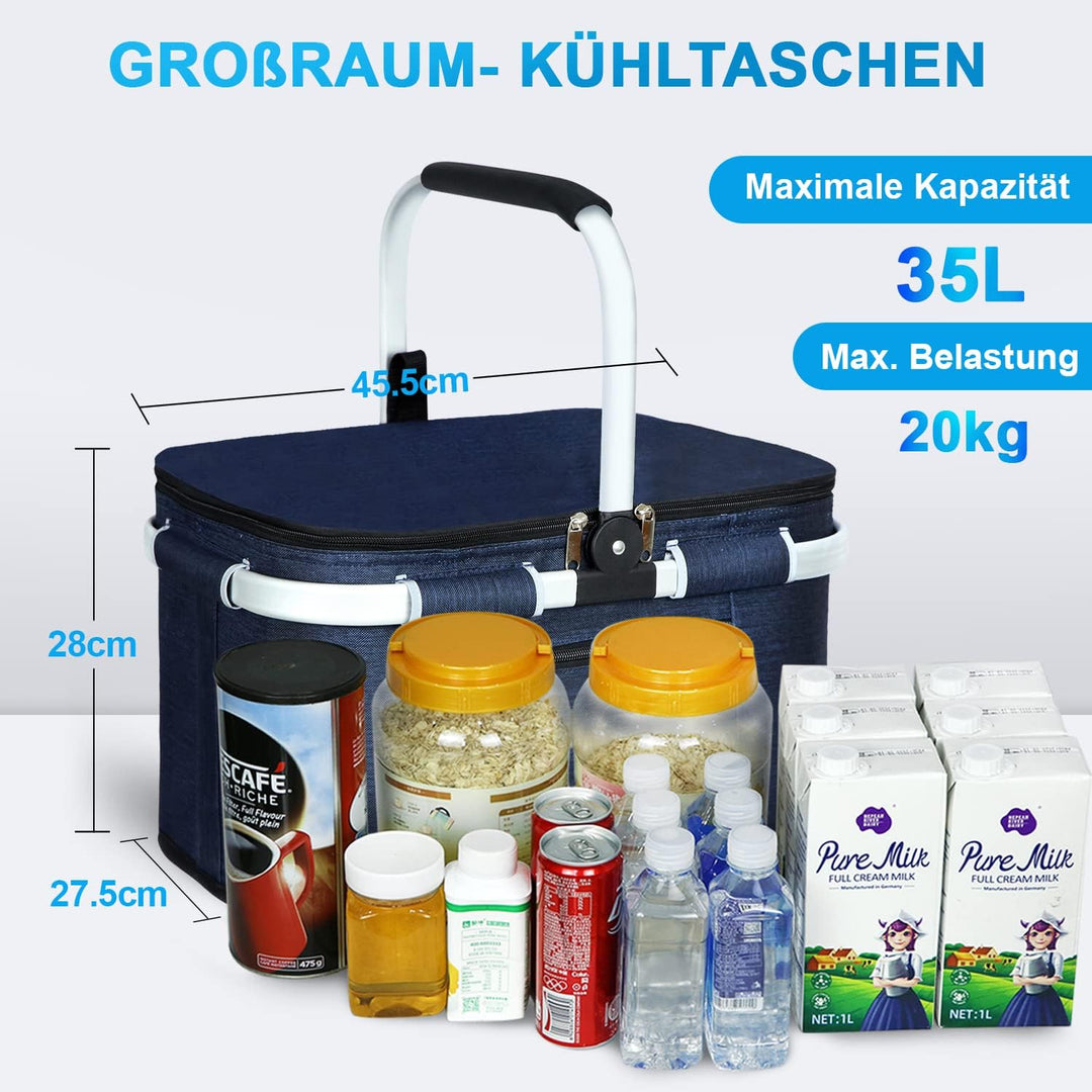 ABIUBIU 34L Kühltasche Einkaufskorb Picknickkorb Grosse isolierte Kühlkorb Lunchtasche Thermo Tasche