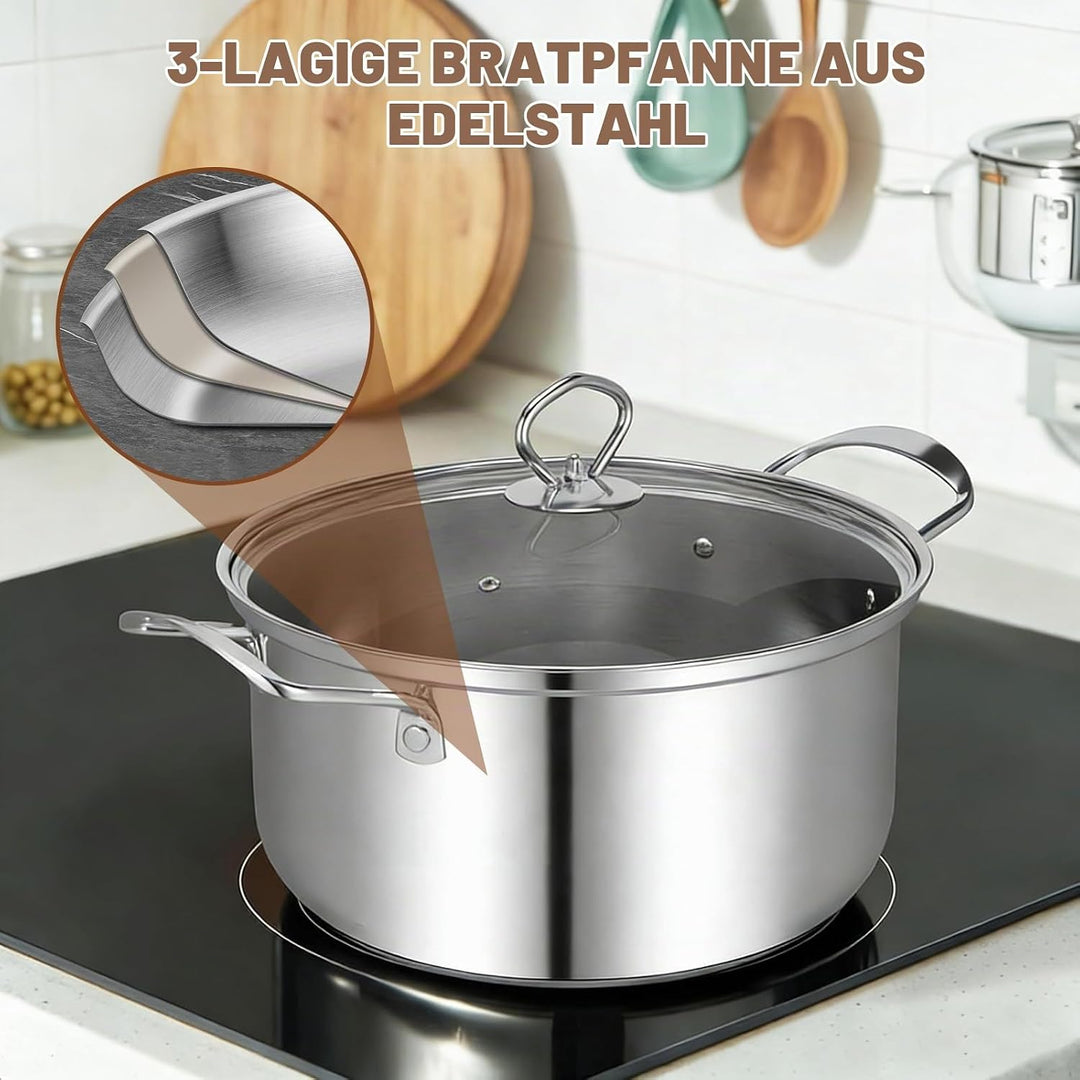 Topfset Induktion 10-Teilig, Topfset aus Edelstahl mit Glasdeckel | Induktions Töpfe set, für alle H
