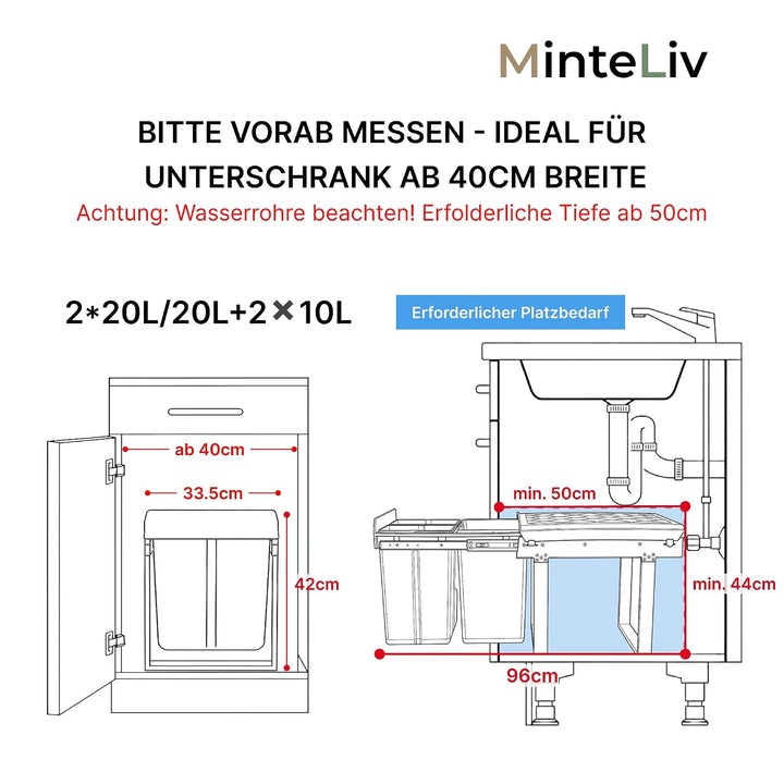 Einbaumülleimer ausziehbar Mülltrennsystem, Stahlrahmen, 20L+2x10L Grau 20L+2x10L, Grau 20L+2x10L