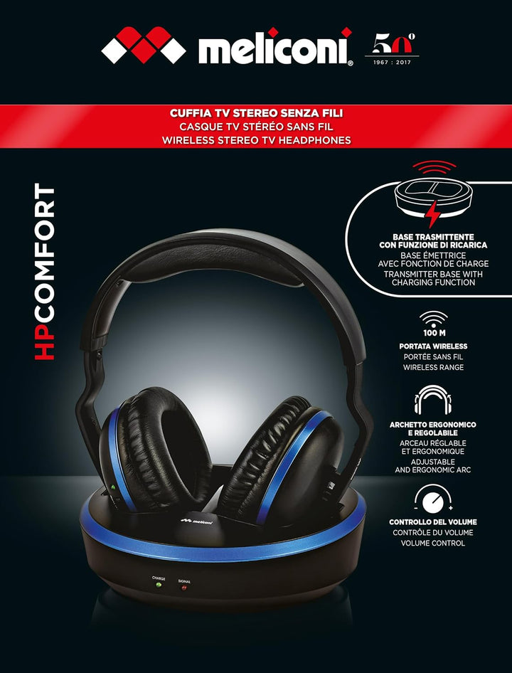 Meliconi HP Comfort, Kabelloses Headset mit Ladestation, TV-Kopfhörer mit Verstellbarem Kopfbügel, 8