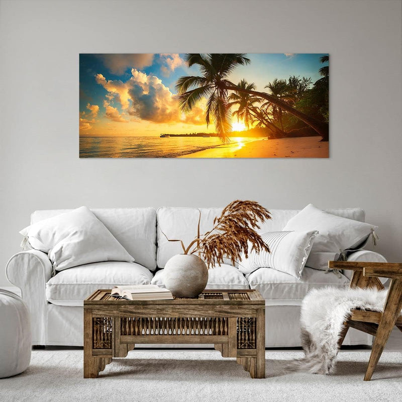 Wandbilder Dekoration Wohnzimmer Meer Strand Palme Panorama Bilder auf Leinwand 120x50cm Leinwandbil