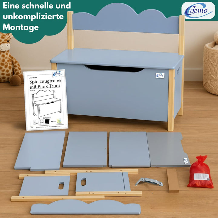 Spielzeugtruhe mit Sitzbank, Holztruhe Grau Trudi 60×26×55 cm – Kinderzimmer Bank mit Stauraum, Spie
