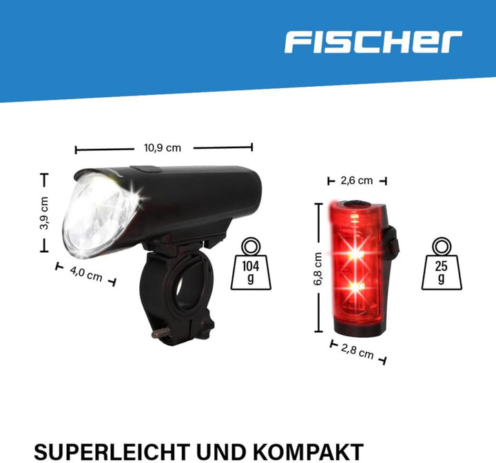 Fischer Fahrrad LED-Akku Beleuchtungs-Set small-Box, spritzwassergeschützt, wiederaufladbar 45 Lux,