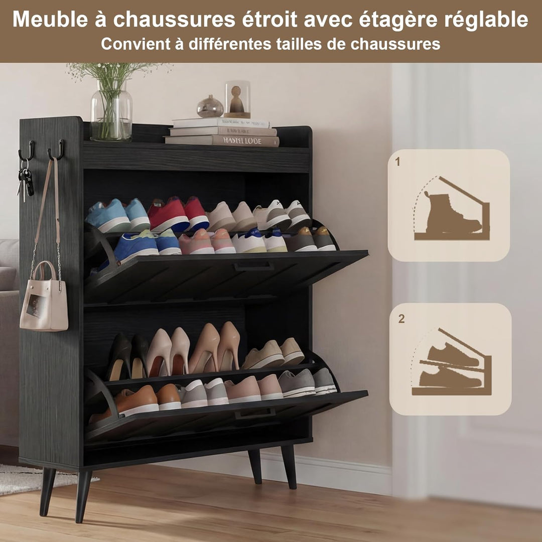 Schuhschrank Schmal mit 2 Klappschubladen, Landhausstil Schuhaufbewahrung für Flur Wohnzimmer, Kipps