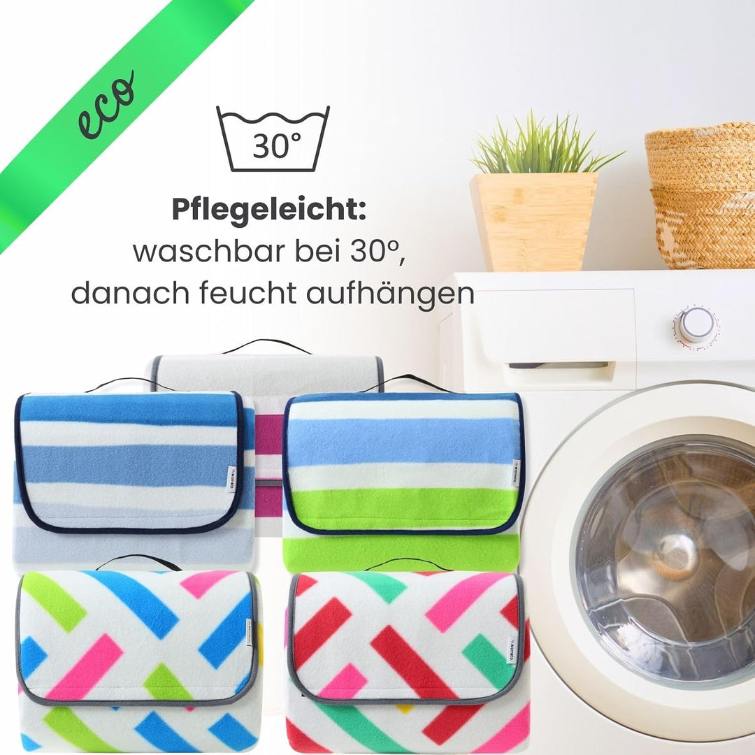 wometo eco-line nachhaltige Picknickdecke XXL 200x200 Grafik blau pink grün | 100% recyc. Fleece iso