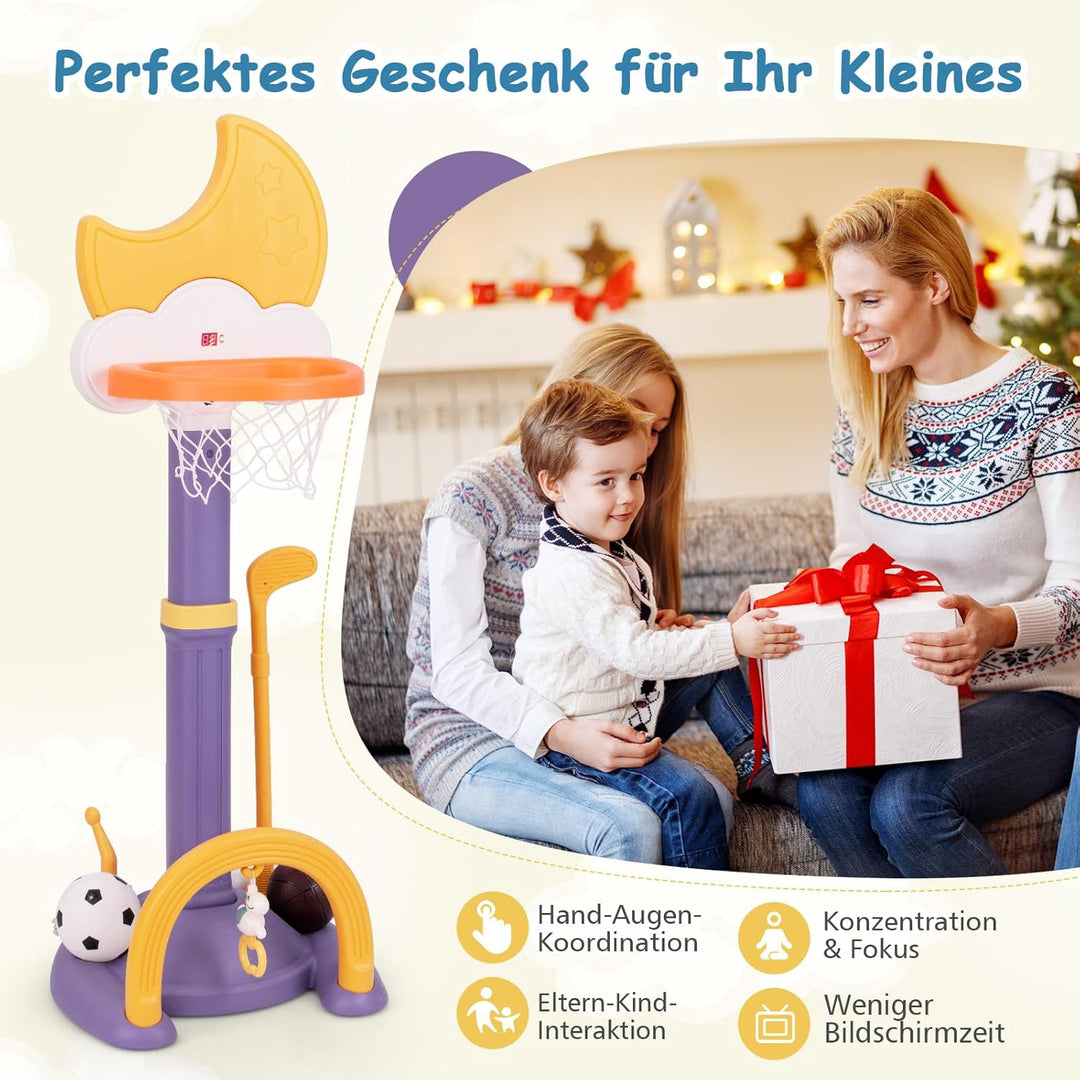 COSTWAY 4 in 1 Kinder Basketballkorb Set, Basketballständer höhenverstellbar mit Basketball & Fussba