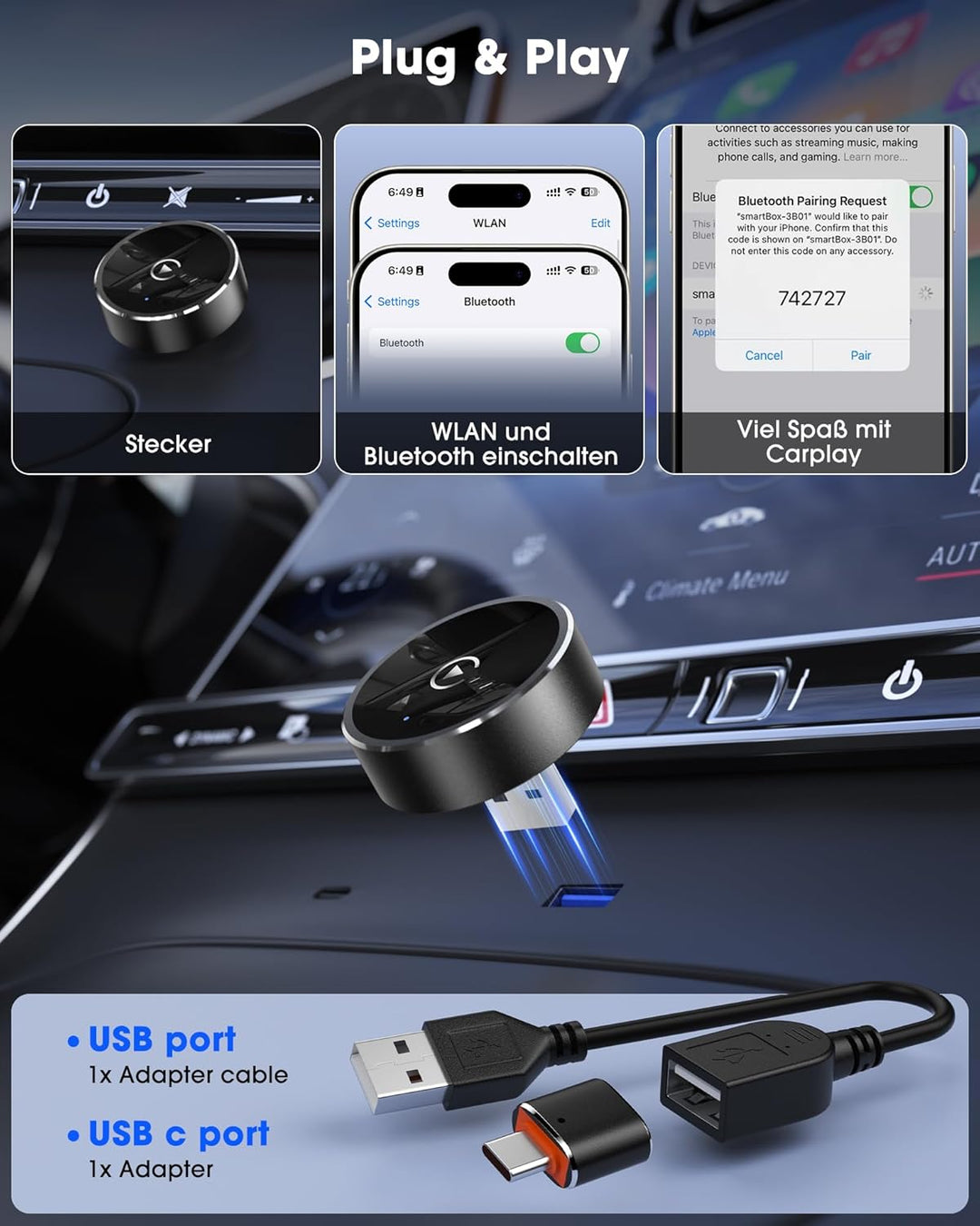 2025 Wireless CarPlay Adapter for iPhone, Converts Factory Wired to Wireless CarPlay Dongle for Cars