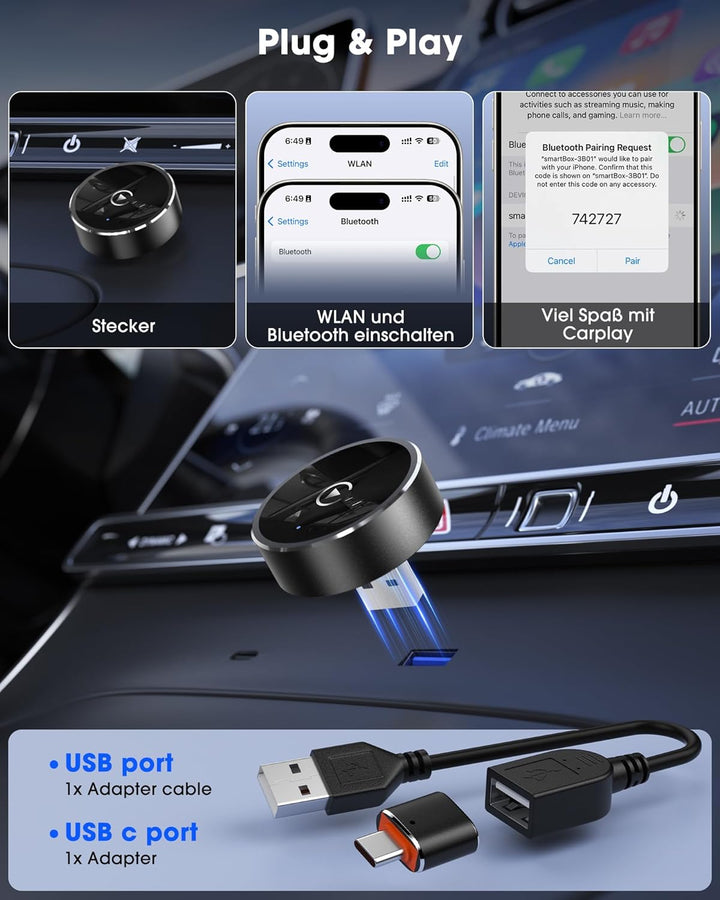 2025 Wireless CarPlay Adapter for iPhone, Converts Factory Wired to Wireless CarPlay Dongle for Cars