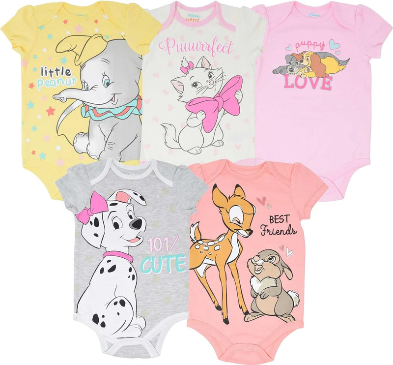 Disney Baby Girls 5 Pack Bodysuits 101 Dalmations Dumbo Bambi Aristocats 3-6 Months