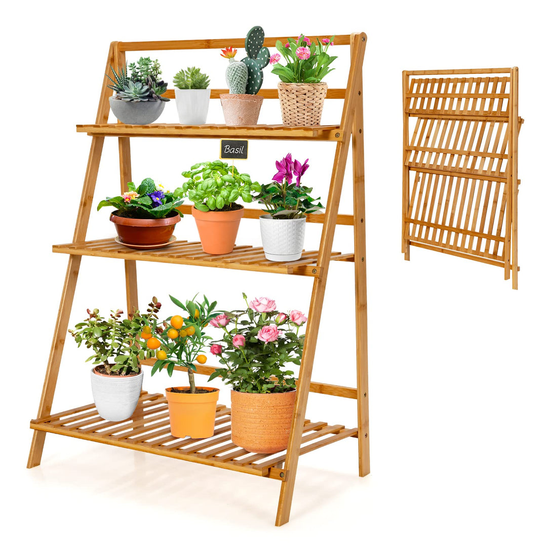 GOPLUS 3 Ebenen Blumenregal Bambus, klappbares Pflanzenregal, Blumentreppe, Blumenständer, Blumenlei