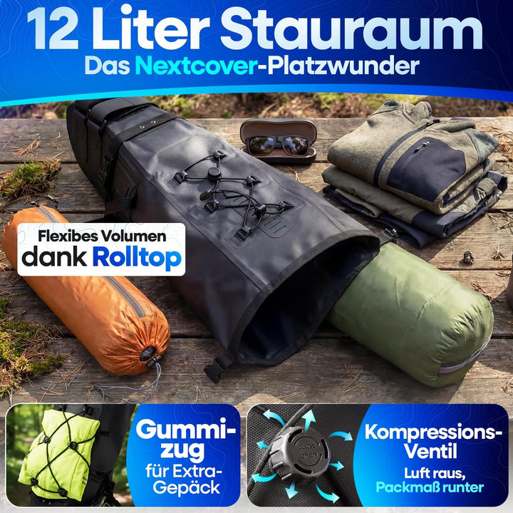 Nextcover® Bikepacking Satteltasche [12 Liter] I Fahrradtasche Sattel I 100% Wasserdicht Dank AquaSh