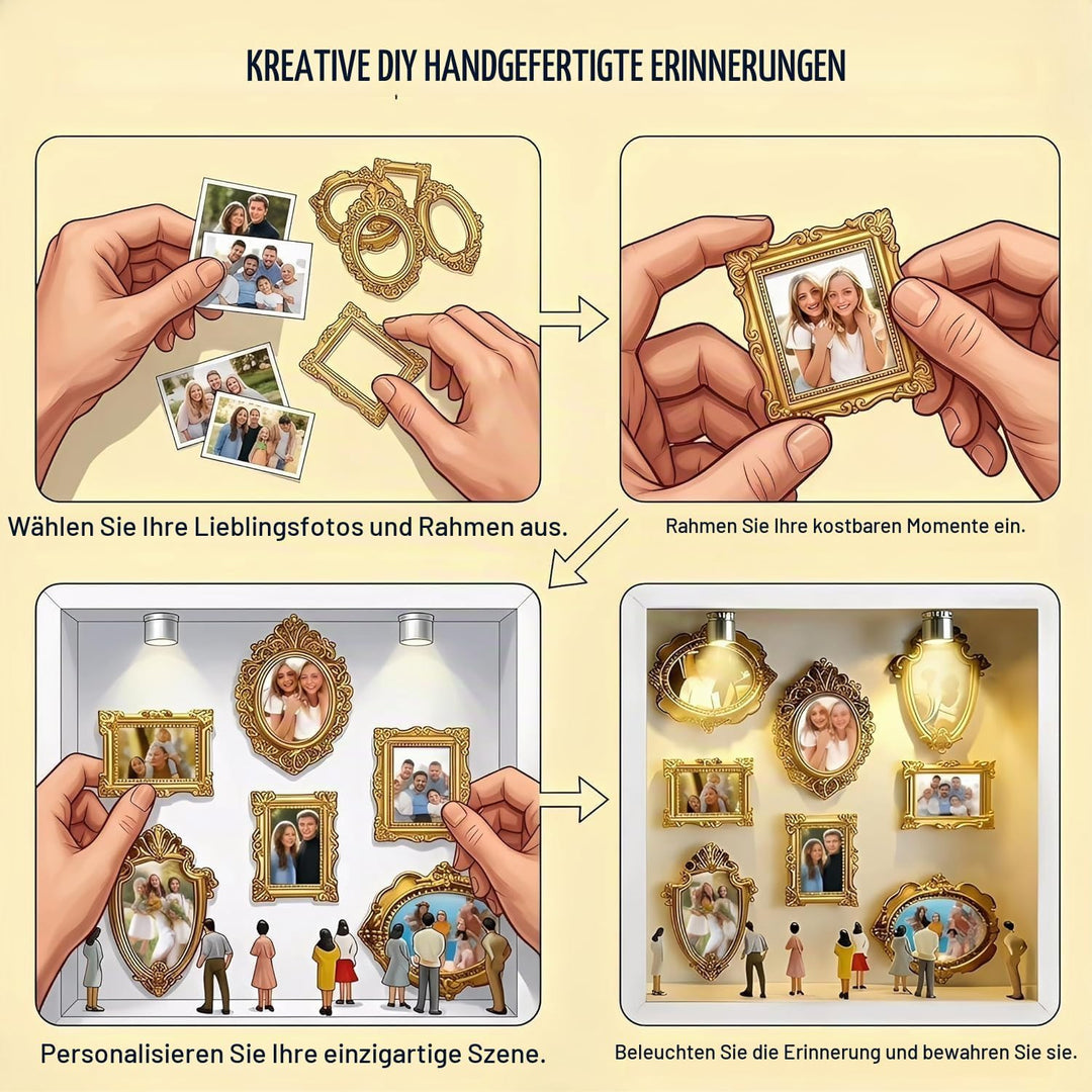 DIY Mini Museum Bilderrahmen mit LED Licht, Silhouettenbox Set mit 8 Mini Goldrahmen &amp; Figuren, 3D E