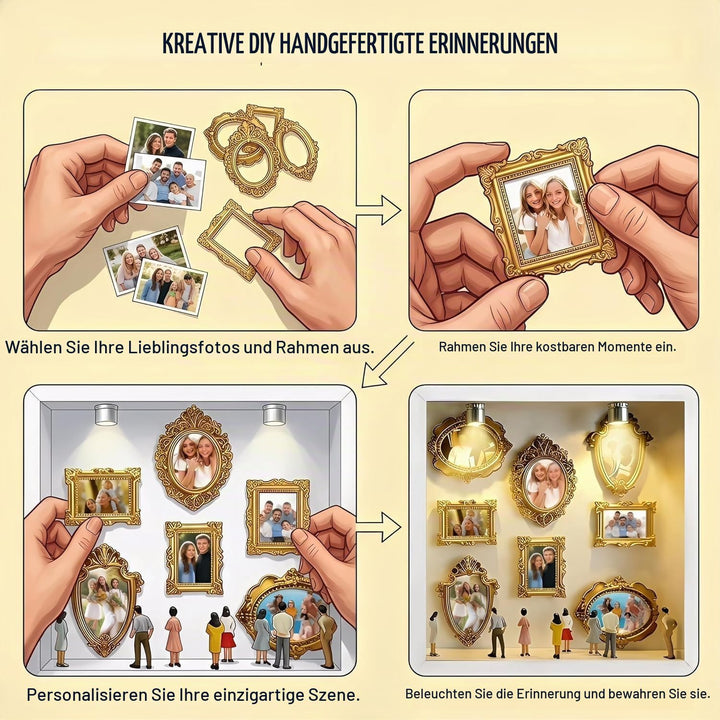 DIY Mini Museum Bilderrahmen mit LED Licht, Silhouettenbox Set mit 8 Mini Goldrahmen &amp; Figuren, 3D E