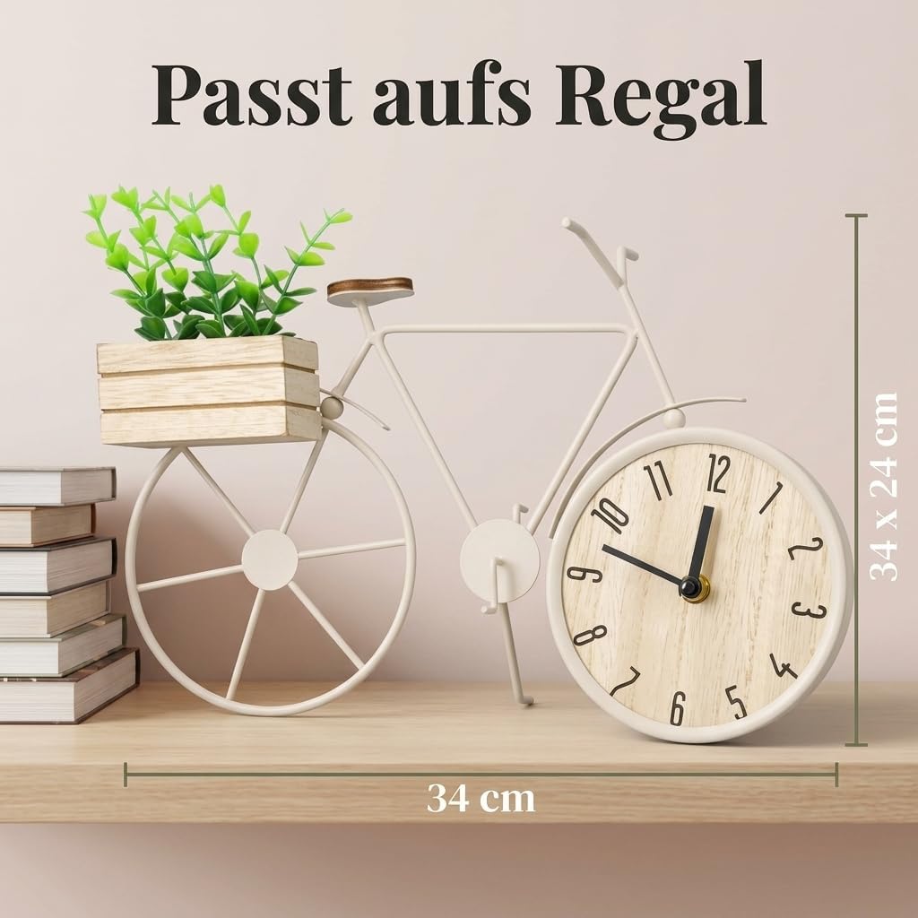 MIJOMA Tischuhr Fahrrad 34 x 24 cm – Metallrahmen mit Holzbox und Deko-Pflanze – analoges Zifferblat