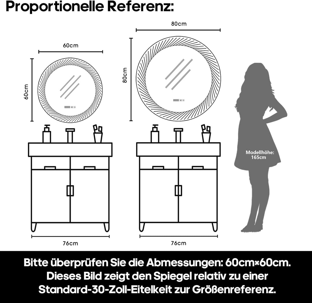 Badspiegel mit Beleuchtung, 60 cm Spiegel mit LED Licht | Zeit anzeigen Touch Schalter Temperaturanz