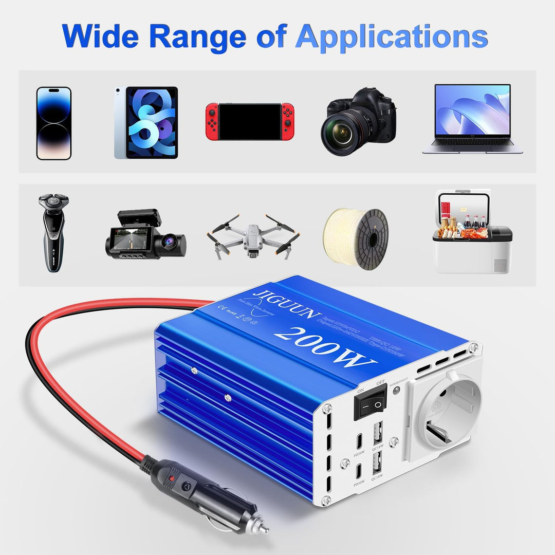 JIGUUN 200W Wechselrichter 12V/24V auf 230V Reiner Sinus Spannungswandler mit EU Steckdose,2 USB,2 T