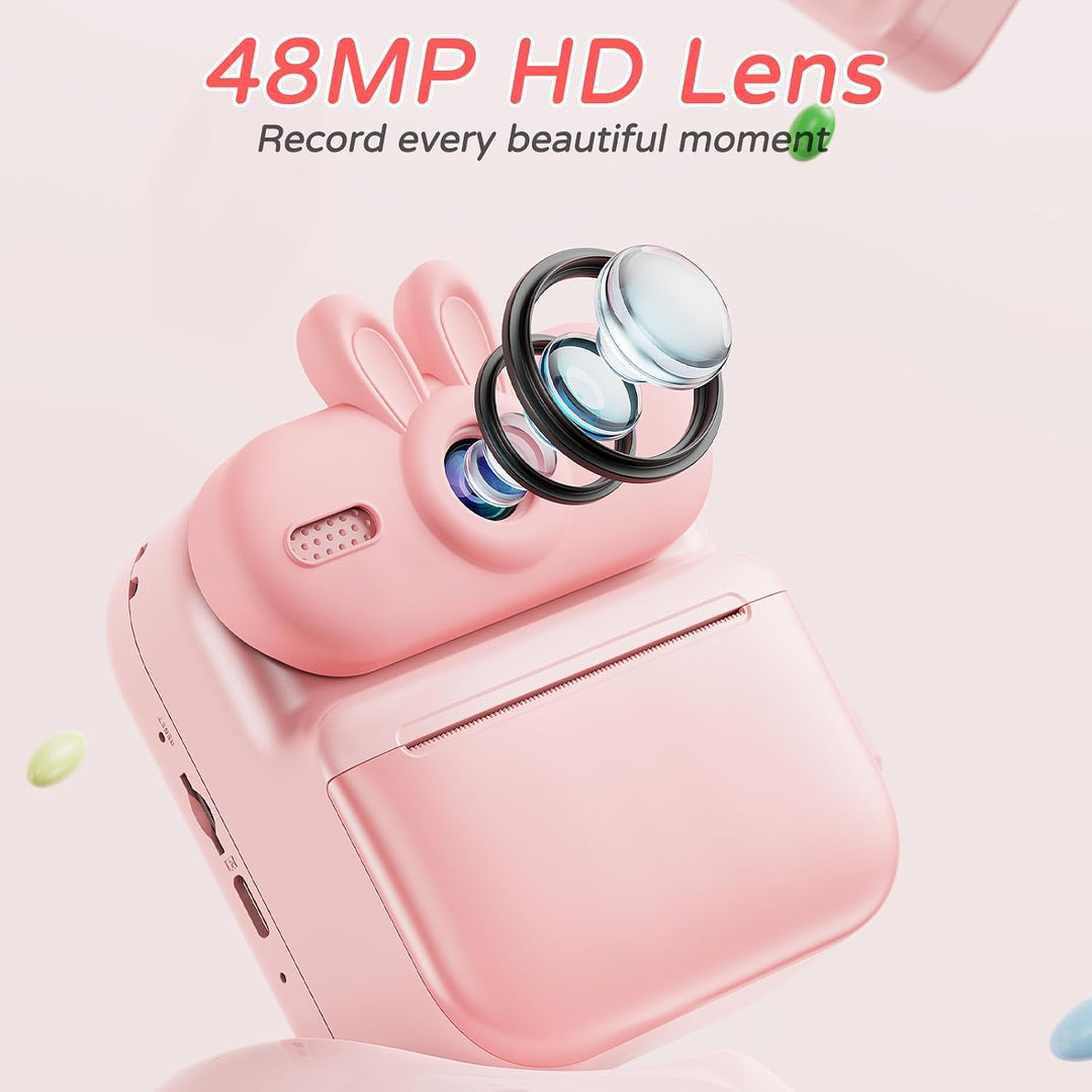 Kinder Sofortbildkamera mit Sofortdruck, 48MP (Kaninchen-Rosa) | Kinderkamera mit Druckpapier, 1080P