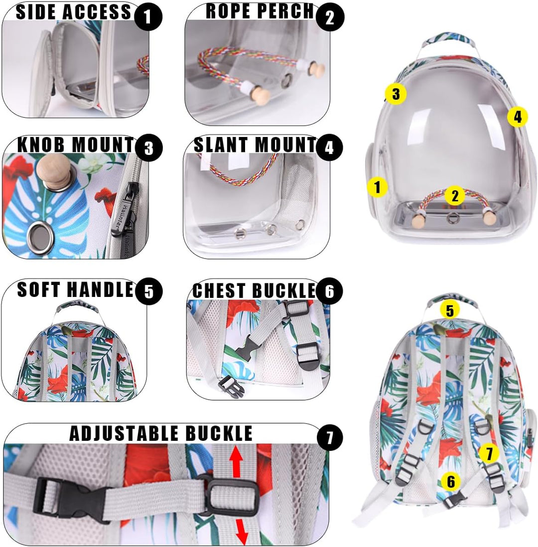 Bird Carrier Rucksack, Bubble Bird Travel Carrier Backpack with Stainless Steel Tray and Standing Ba