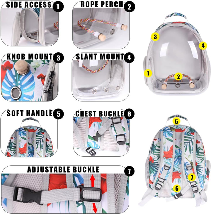 Bird Carrier Rucksack, Bubble Bird Travel Carrier Backpack with Stainless Steel Tray and Standing Ba