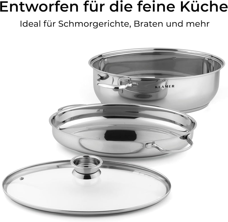 KLAMER Bräter mit Deckel 41 cm, backofengeeignet, 8,5L XXL Bräter mit Deckel, mit 4L Deckelpfanne, f