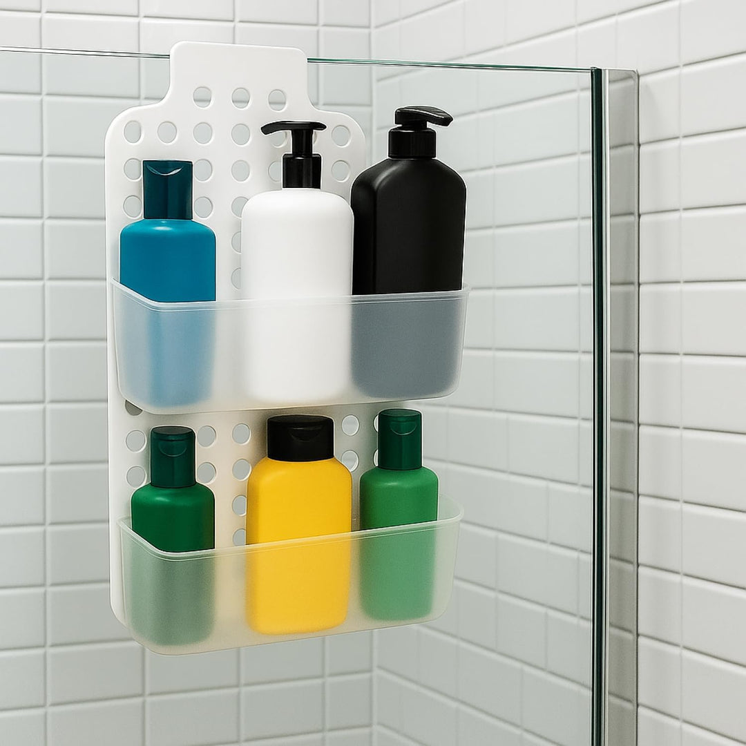 com-four® Duschkorb mit 2 Fächern, Duschgelhalter mit Haken zum Aufhängen, höhenverstellbare Hängeko