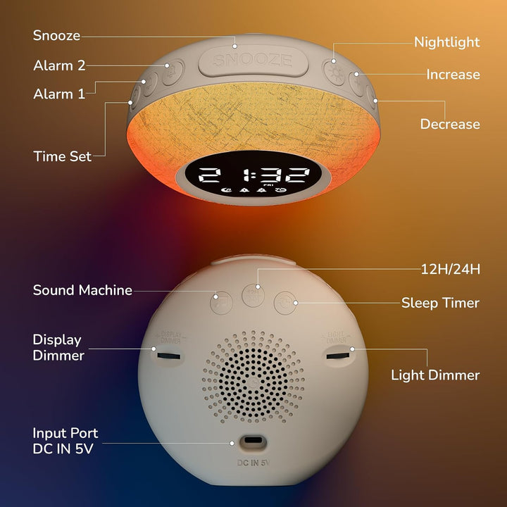 Wecker Digital, Kinderwecker mit Nachtlicht, 12 White Noise, 2 Alarmanzeige, Snooze und Timer, Einst