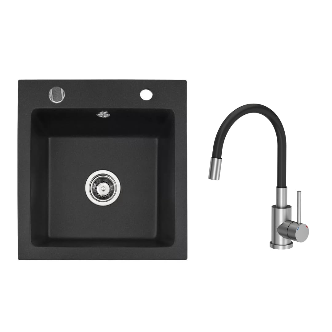 VBChome Granitspüle 50 x 48 cm Schwarz mit flexibler Armatur Einzelbecken Einbauspüle Gesprenkelt Pf