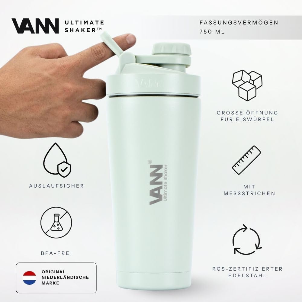 VANN Shaker Proteinshake 750ML - Thermo Shaker Edelstahl [12h kalt], Ideal als Schüttelbecher [Gym,