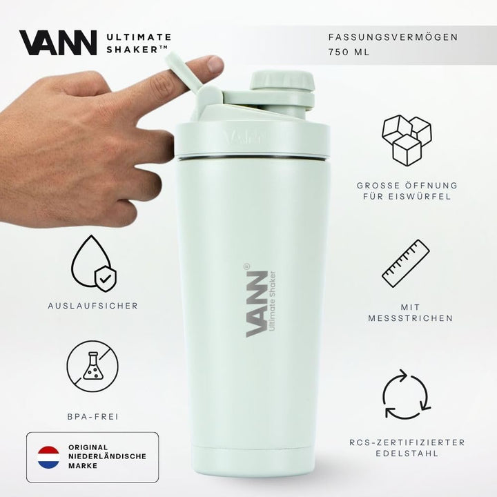 VANN Shaker Proteinshake 750ML - Thermo Shaker Edelstahl [12h kalt], Ideal als Schüttelbecher [Gym,