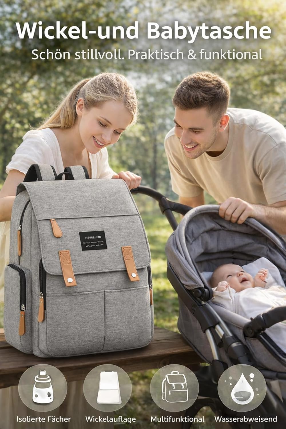 Heberlein Prestige Baby Wickelrucksack - grosse Wickeltasche für Mama & Papa, wasserabweisend mit vi