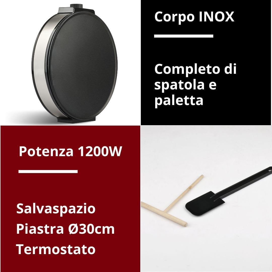 G3 Ferrari G10098 Profi-Crepe-Pfanne aus Edelstahl, Temperaturregelung, Durchmesser 30 cm, 1200 W