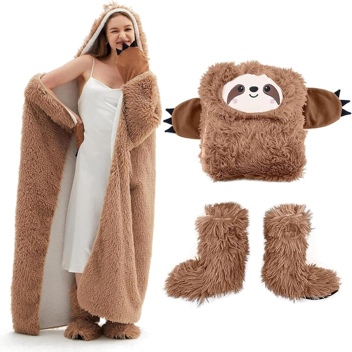 Faultier Decke mit Ärmeln und Hüttenschuhe - Geschenke für Frauen, Kuscheldecke mit ärmeln Faultier