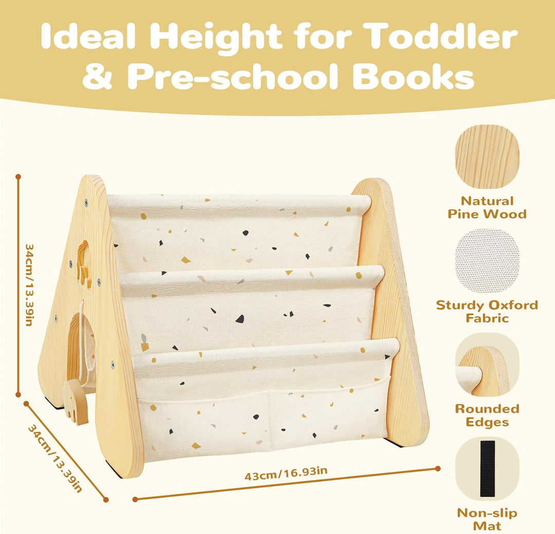 Bücherregal Kinder mit Doppelter Seite, Dreieckige Kinderregal 4-stöckig Montessori Regal für Kinder