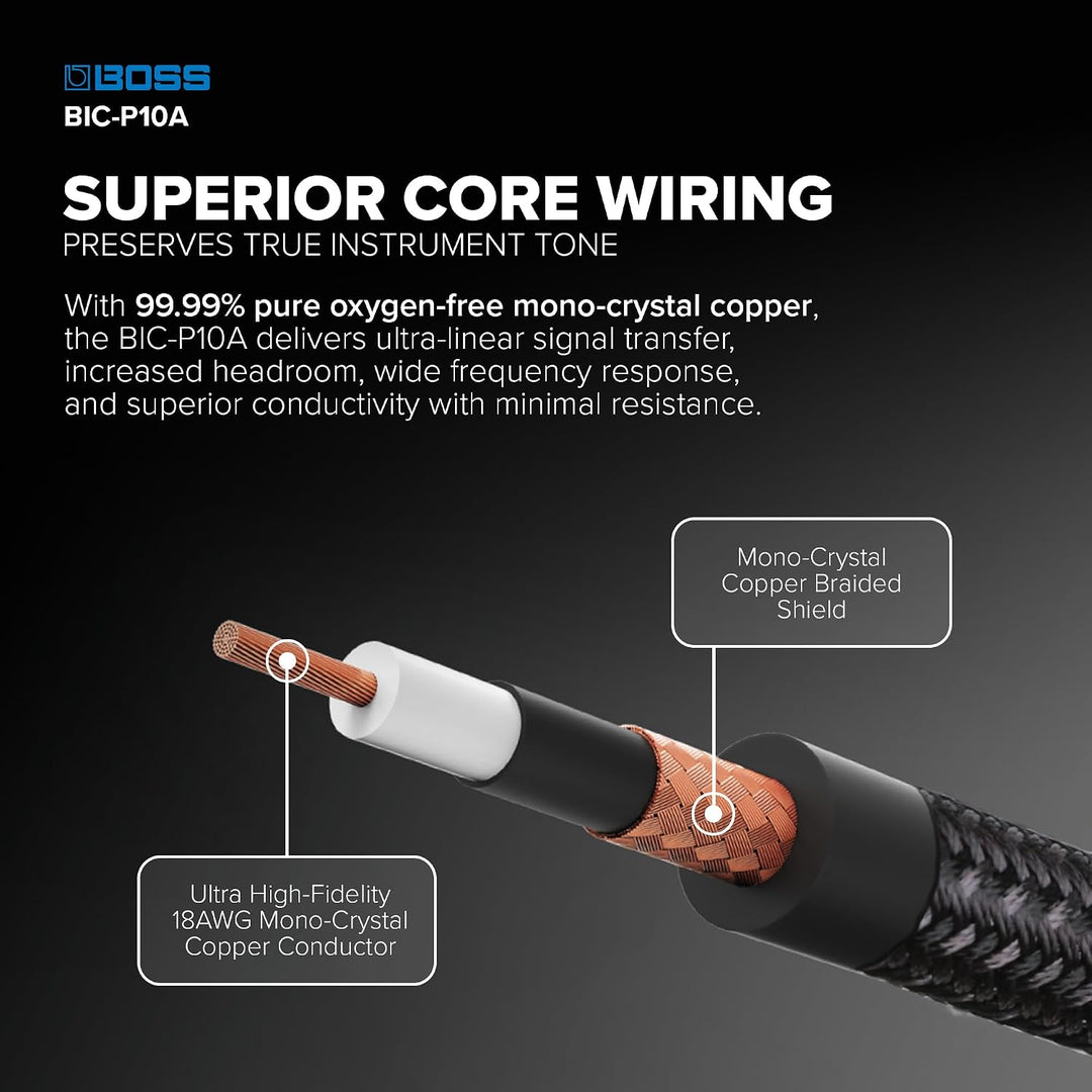 BOSS BIC-P10A, Instrumentenkabel mit geraden auf gewinkelten 6,3-mm-Klinkensteckern, 10ft / 3m 10ft/