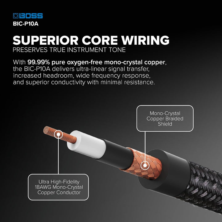 BOSS BIC-P10A, Instrumentenkabel mit geraden auf gewinkelten 6,3-mm-Klinkensteckern, 10ft / 3m 10ft/