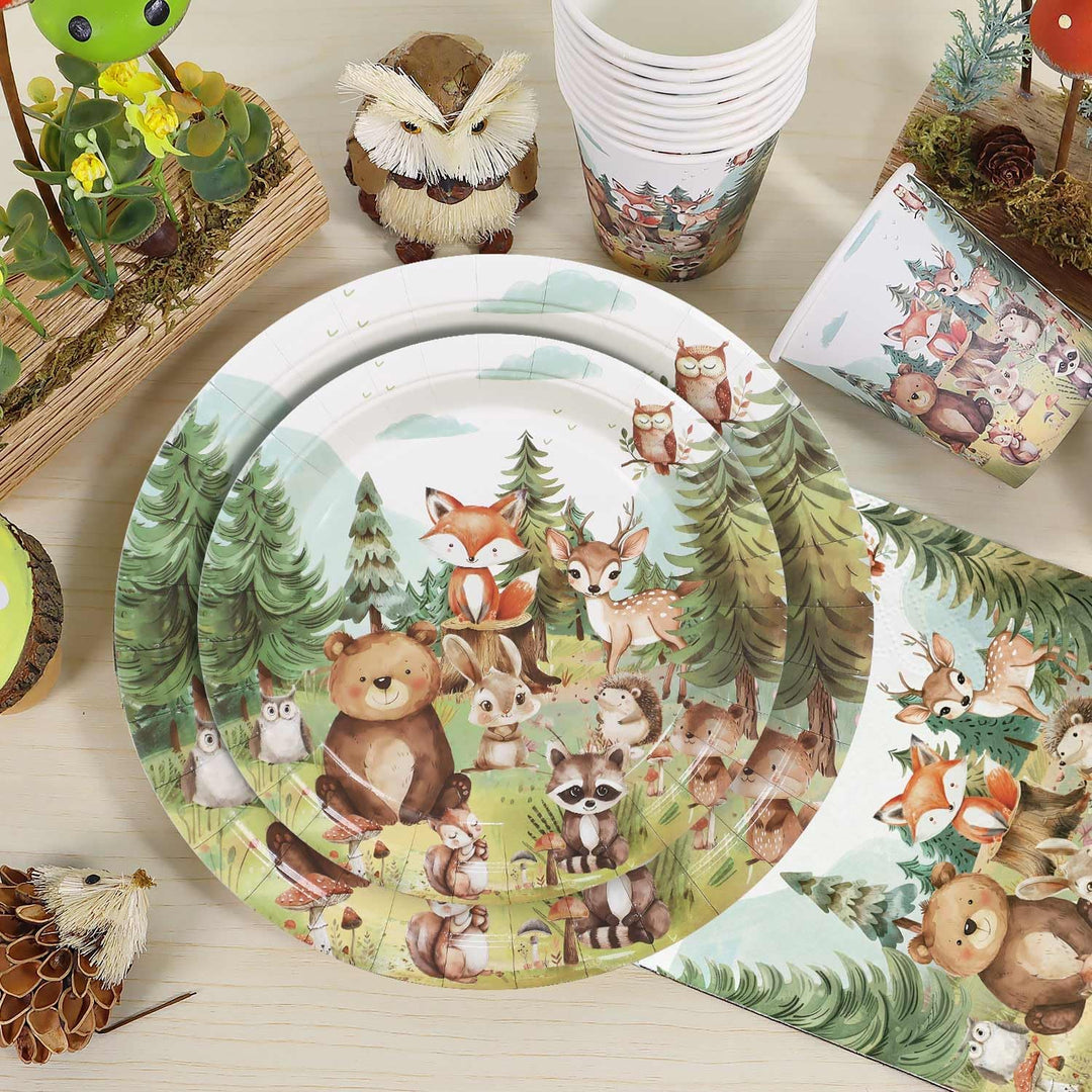 Waldtiere Geburtstag Deko Pappteller Set, 100pcs wiederverwendbare Pappteller Kindergeburtstag Pappb