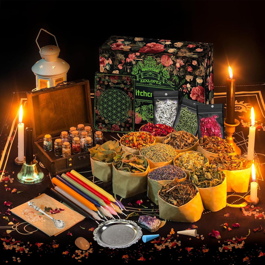 ZZXLOPEZ Starter Witch Kit 122 Stück Witchcraft Kit, Kerzen Kleine, Trockenblumen, Kristallen, Messl