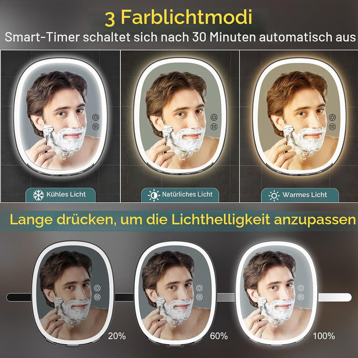 FASCINATE Rasierspiegel AntiBeschlag-Duschspiegel, 3 einstellbare Lichtfarben Schminkspiegel mit Ras